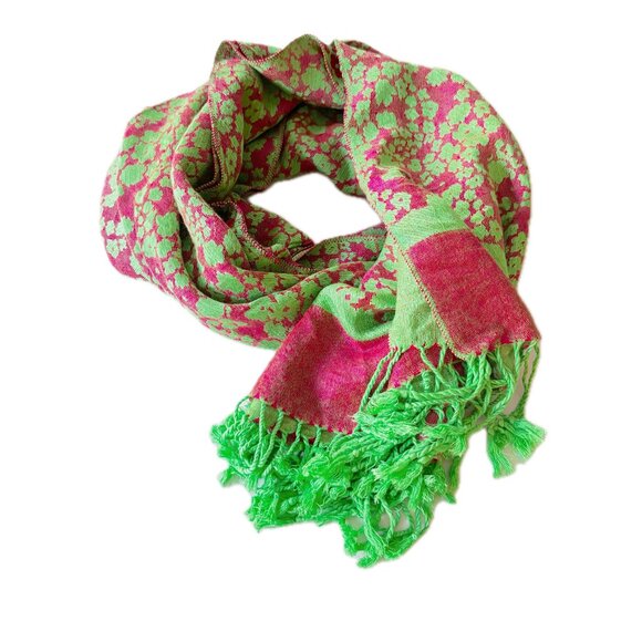 Pashmina Scarf Wrap Vibrant Green & Pink Floral Poppies 72 x 27" - Picture 6 of 6